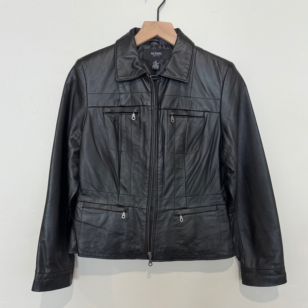 Alfani Black Leather Jacket Full Zip Petite S Pockets Biker Classic Moto Edgy
